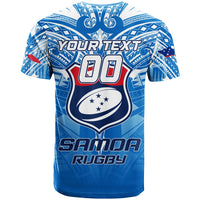Blue rugby-style T-shirt with tribal print, crest, and 'YOUR TEXT' front graphic