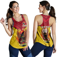 Women's yellow and red rugby tank top with PNG and Kumul Pride graphic, racerback