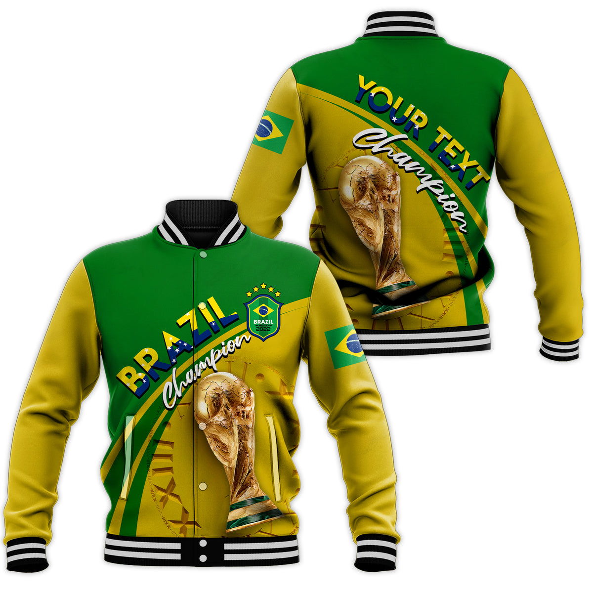 (Custom Personalised) Brazil Football World Cup 2022 Baseball Jacket - LT2 - Wonder Print Shop