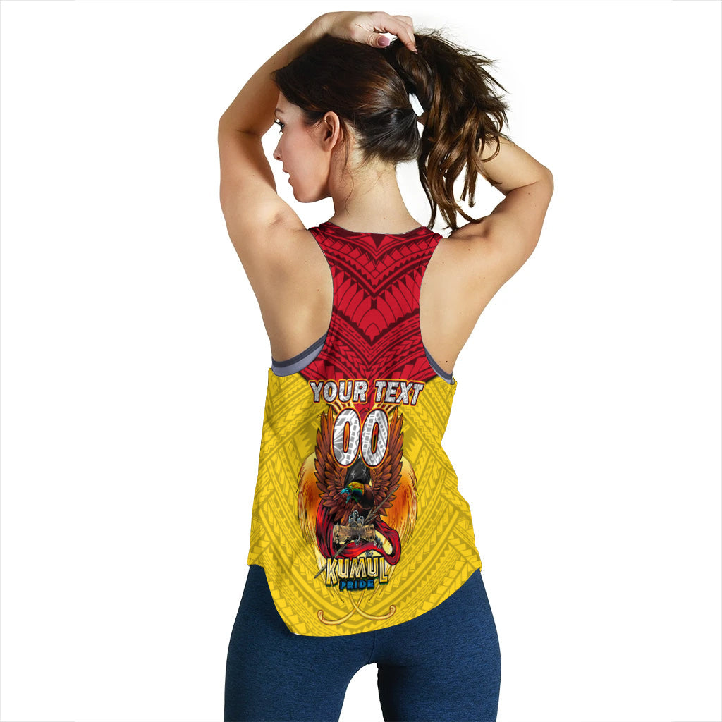 Women's yellow and red rugby tank top back with 'YOUR TEXT' and Kumul Pride graphic