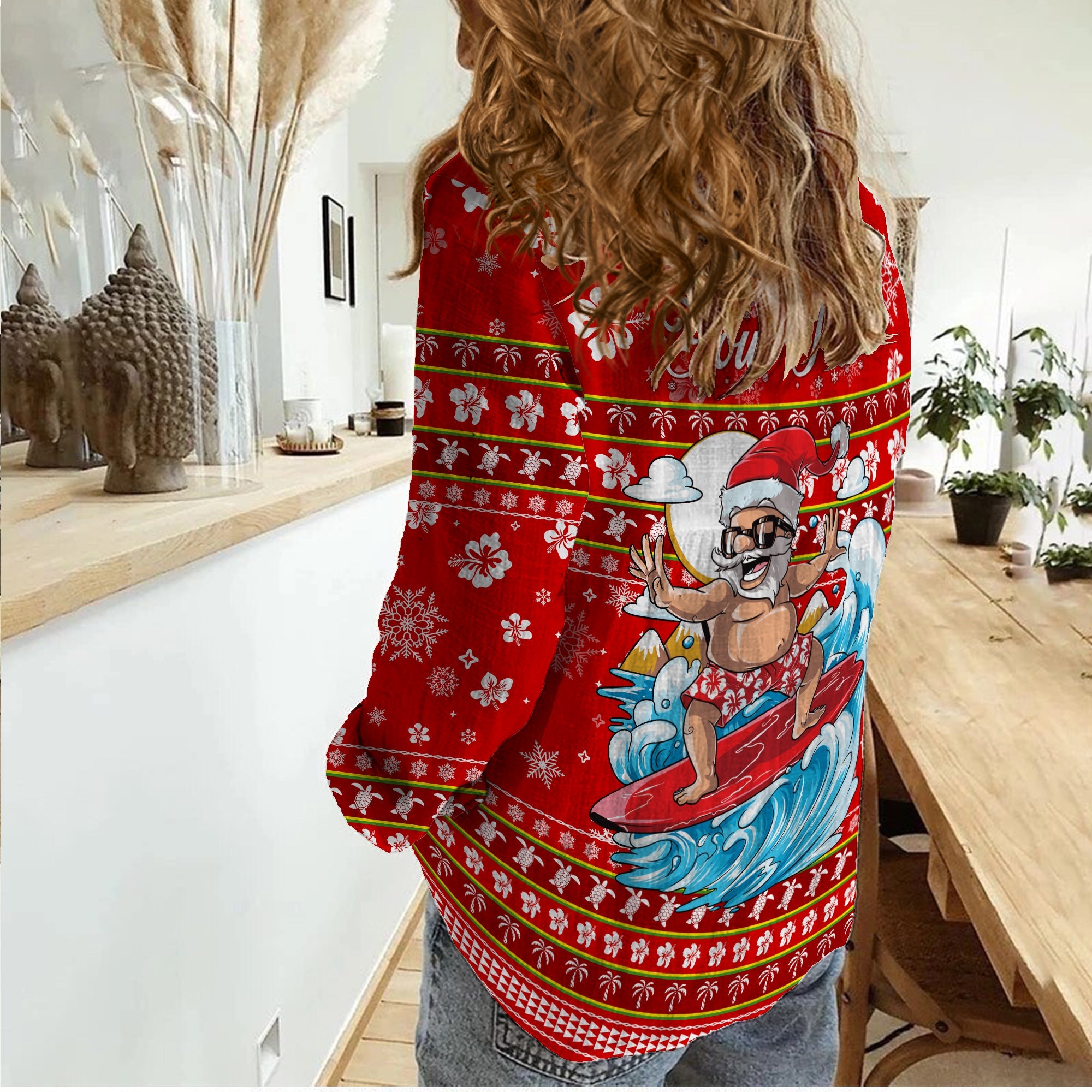 Custom Personalised Hawaii Christmas Santas Surf Mele Kalikimaka Women Casual Shirt LT2 - Wonder Print Shop