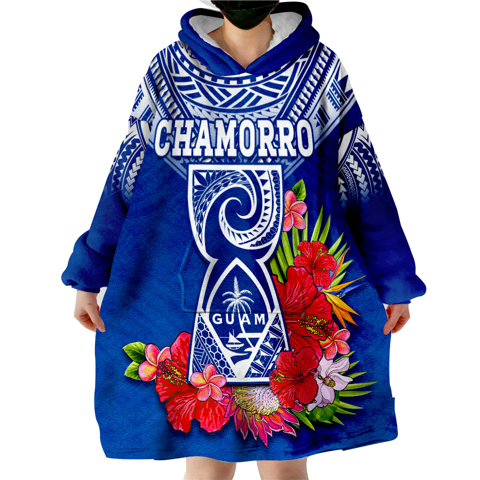 (Custom Personalised) Guam Chamorro Guaman Latte Stone Tropical Flowers Blue Version Wearable Blanket Hoodie - Wonder Print Shop