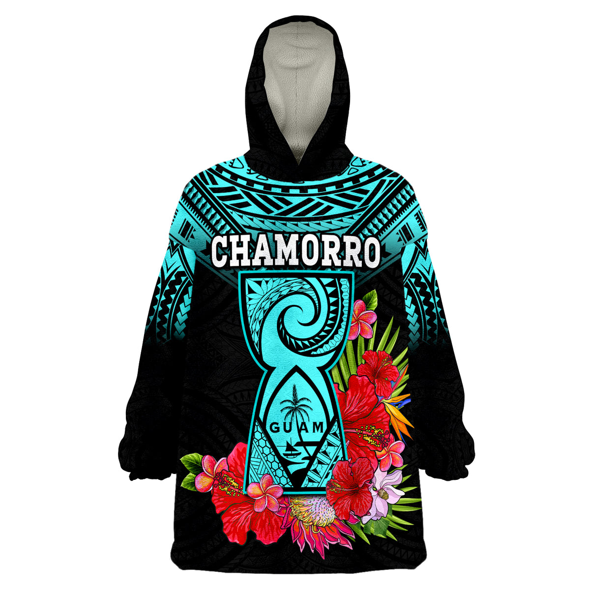 (Custom Personalised) Guam Chamorro Guaman Latte Stone Tropical Flowers Turquoise Style Wearable Blanket Hoodie - Wonder Print Shop