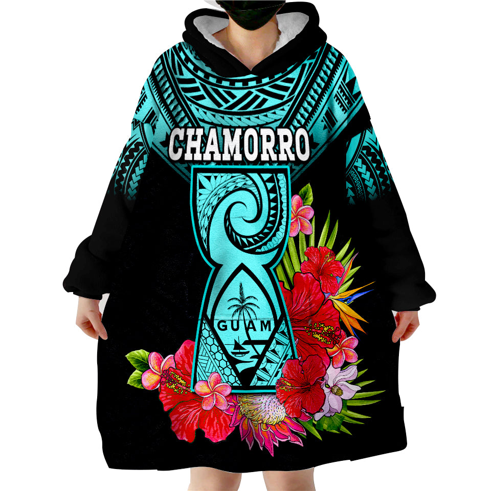 (Custom Personalised) Guam Chamorro Guaman Latte Stone Tropical Flowers Turquoise Style Wearable Blanket Hoodie - Wonder Print Shop