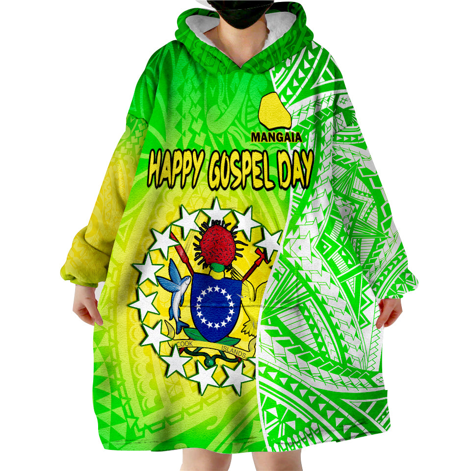 (Custom Personalised) Happy Mangaia Gospel Day Cook Islands Coat Of Arms Polynesian Pattern Wearable Blanket Hoodie - Wonder Print Shop