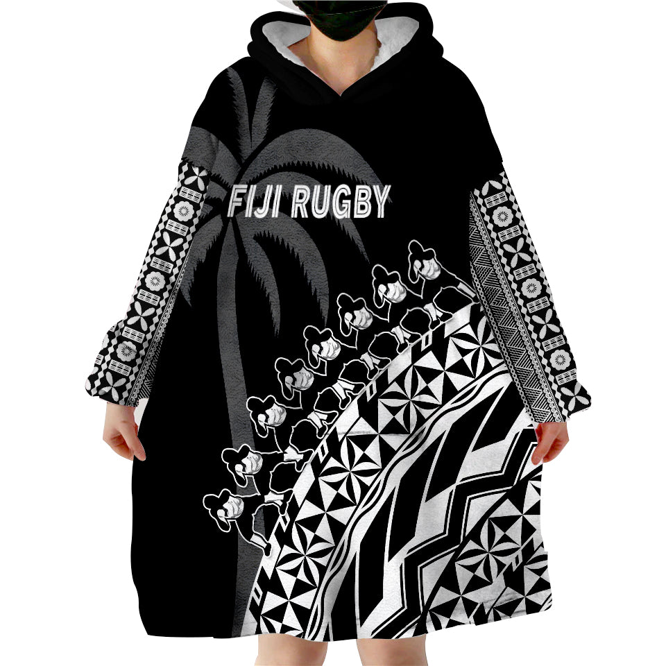 (Custom Text And Number) Fiji Rugby Fijian Cibi Dance Tapa Pattern Black Wearable Blanket Hoodie - Wonder Print Shop