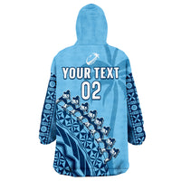 (Custom Text And Number) Fiji Rugby Fijian Cibi Dance Tapa Pattern Blue Wearable Blanket Hoodie - Wonder Print Shop