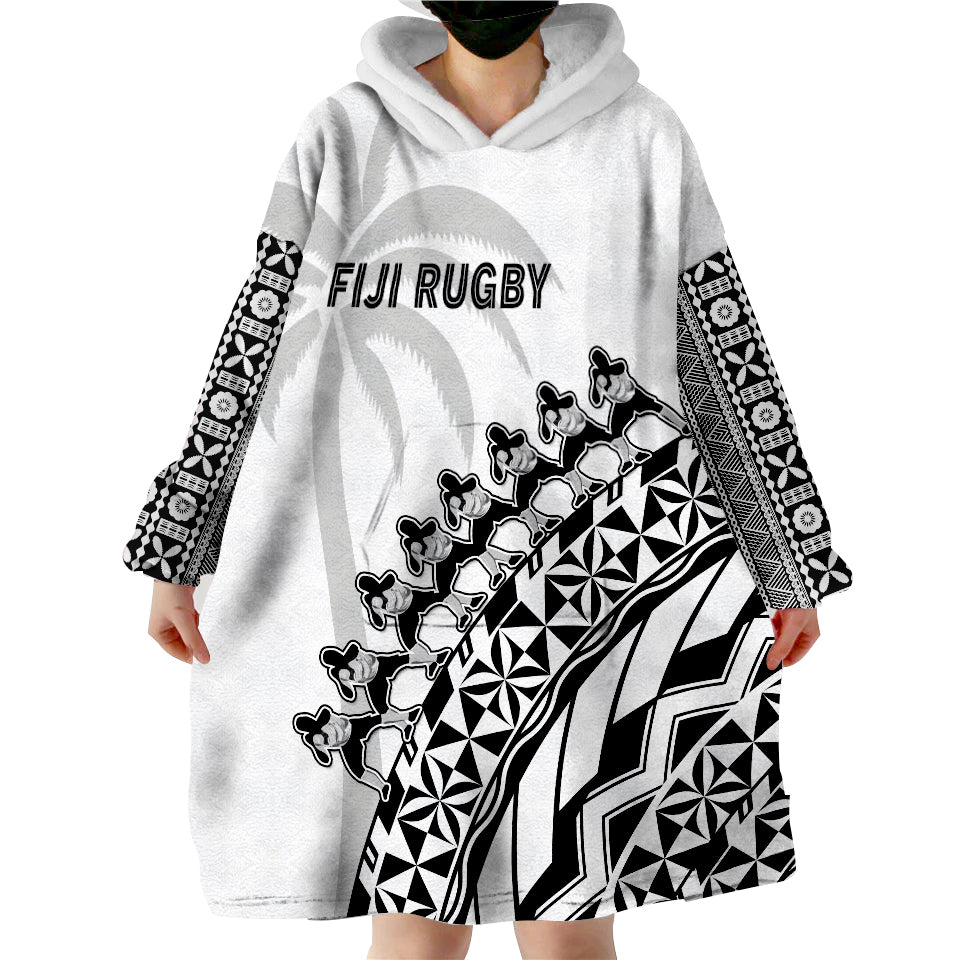 (Custom Text And Number) Fiji Rugby Fijian Cibi Dance Tapa Pattern White Wearable Blanket Hoodie - Wonder Print Shop