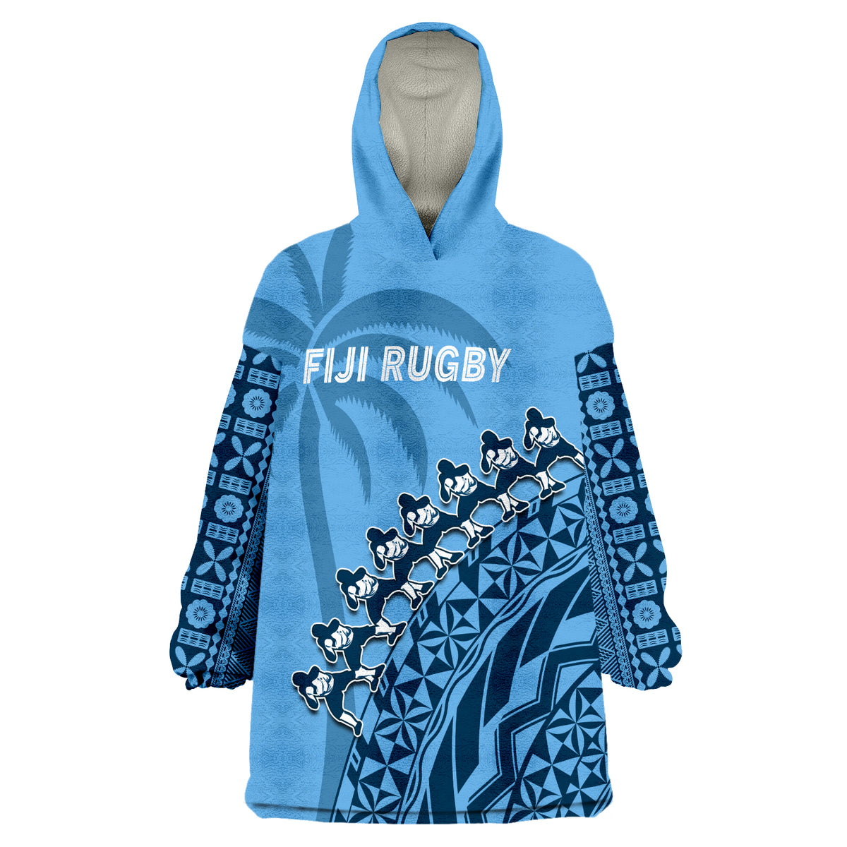 (Custom Text And Number) Fiji Tapa Rugby Fijian Cibi Dance Tapa Pattern Blue Wearable Blanket Hoodie - Wonder Print Shop