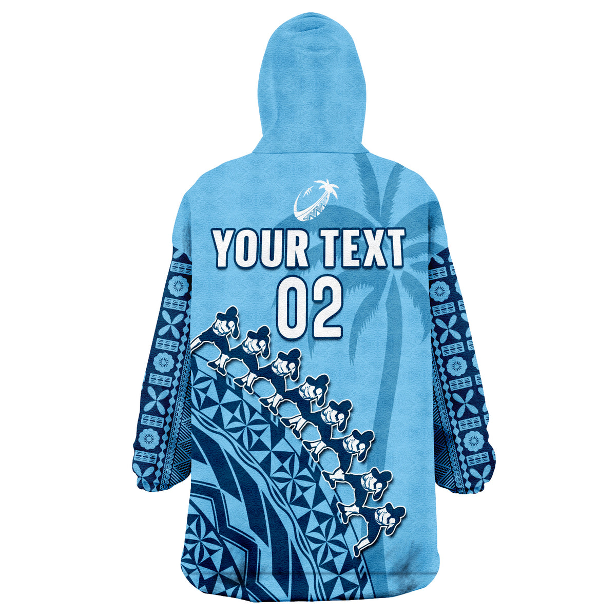 (Custom Text And Number) Fiji Tapa Rugby Fijian Cibi Dance Tapa Pattern Blue Wearable Blanket Hoodie - Wonder Print Shop