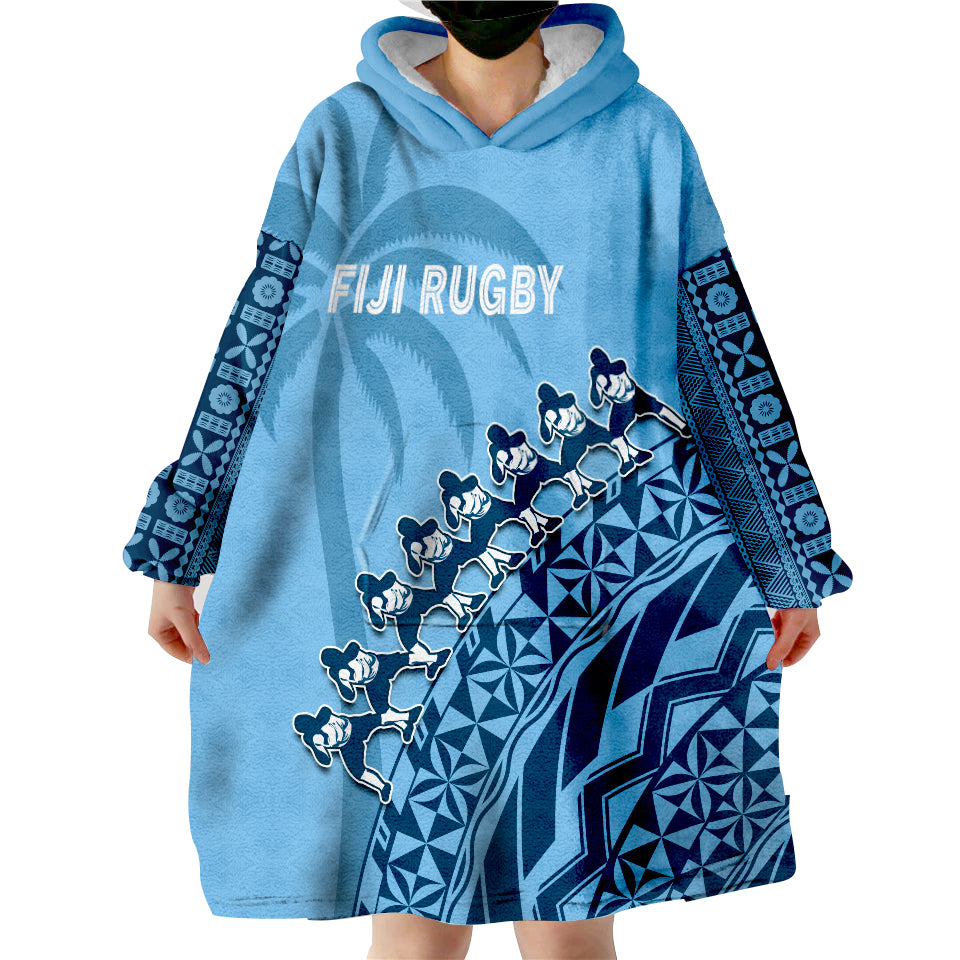 (Custom Text And Number) Fiji Tapa Rugby Fijian Cibi Dance Tapa Pattern Blue Wearable Blanket Hoodie - Wonder Print Shop