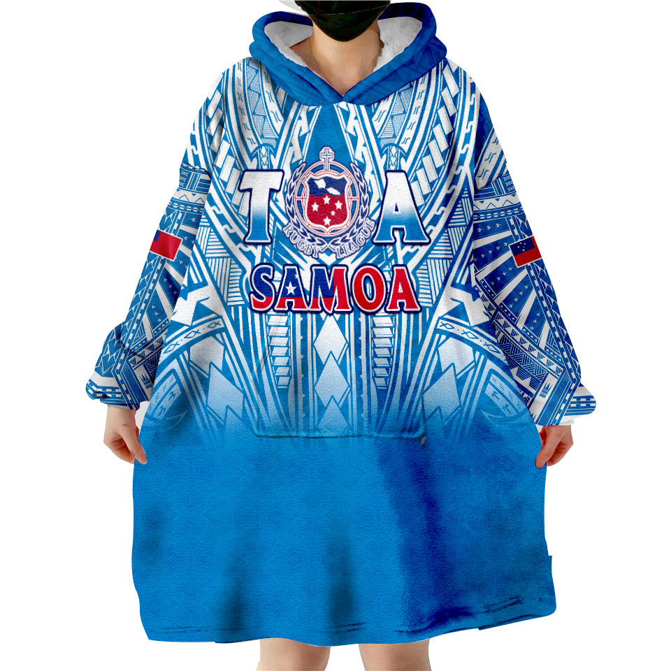 (Custom Text And Number) Samoa Rugby Toa Samoa Polynesian Pacific Blue Version Wearable Blanket Hoodie - Wonder Print Shop