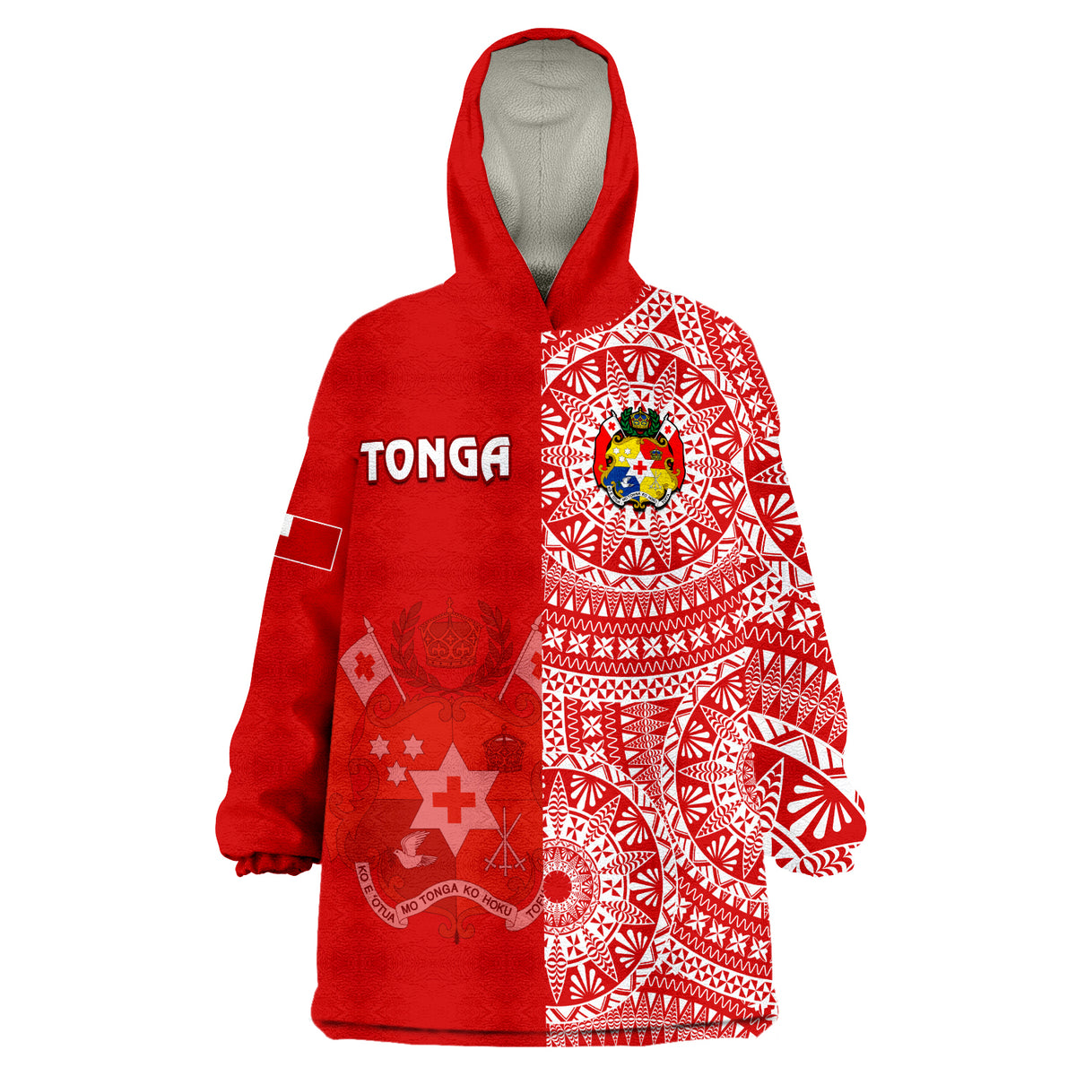 (Custom Text And Number) Tonga Tongan Coat Of Arms Ngatu Pattern Wearable Blanket Hoodie - Wonder Print Shop