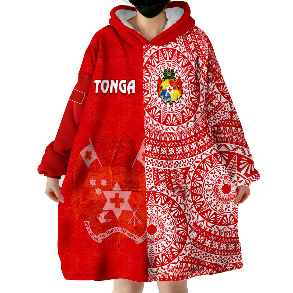 (Custom Text And Number) Tonga Tongan Coat Of Arms Ngatu Pattern Wearable Blanket Hoodie - Wonder Print Shop