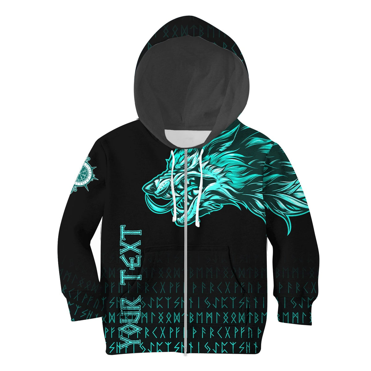 (Custom) Viking Hoodie Kid Fenrir Wolf Cyan Near Shoulder RLT12 - Wonder Print Shop