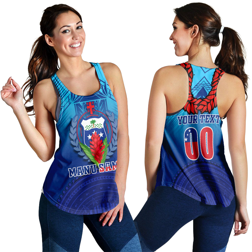 Blue women’s tank top, front and back views; crest on front, Your Text on back