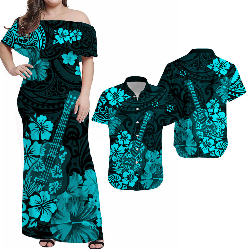 Hawaii Matching Hawaiian Shirt And Dress Polynesia Turquoise Ukulele Flowers LT13 - Wonder Print Shop