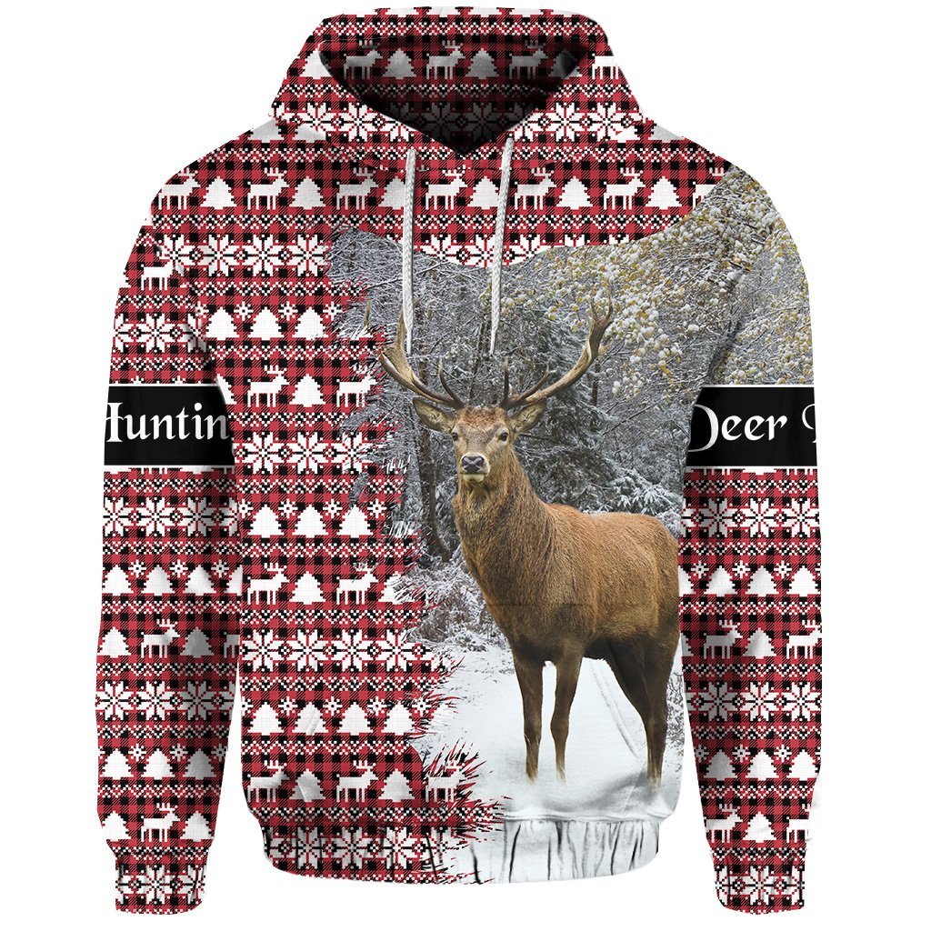 Dear Hunting Christmas Hoodie Red White LT8 - Wonder Print Shop