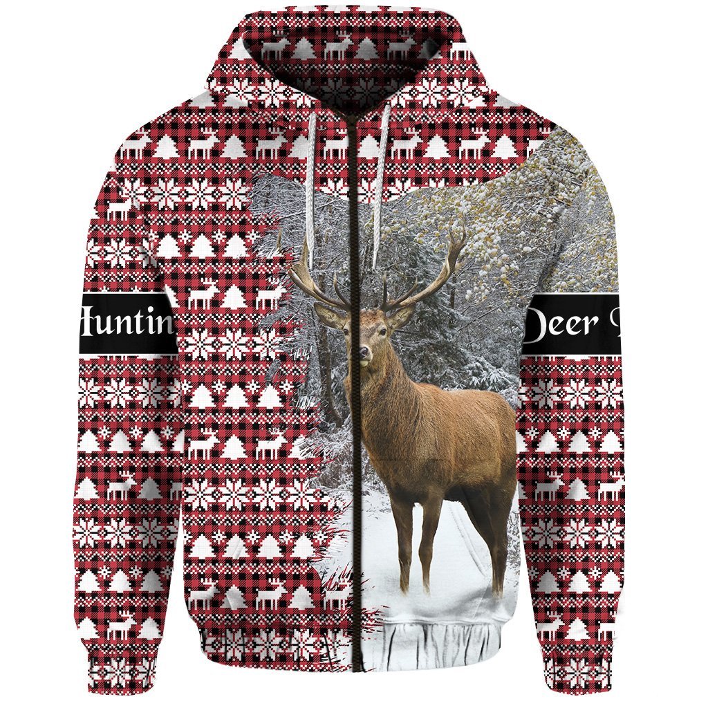 Dear Hunting Christmas Zip Hoodie Red White LT8 - Wonder Print Shop