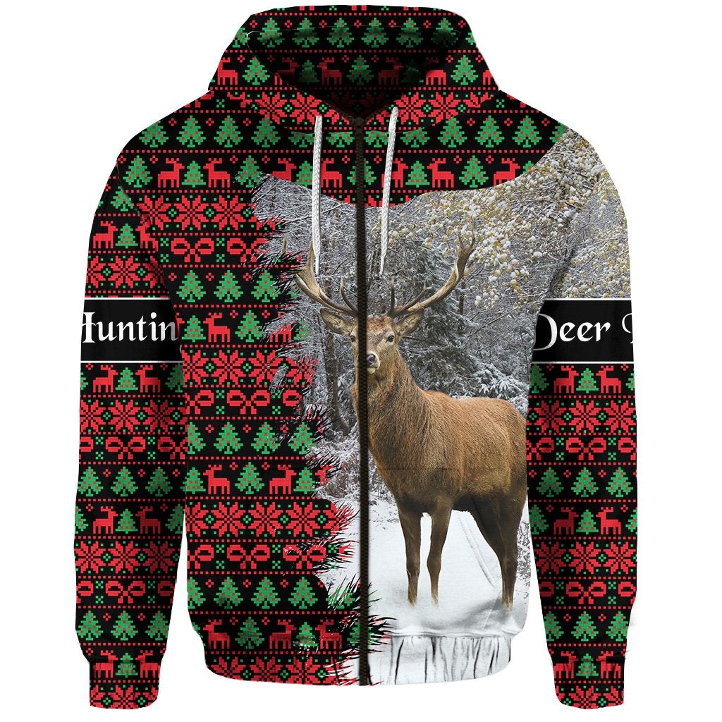 Dear Hunting Christmas Zip Hoodie Black LT8 - Wonder Print Shop