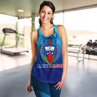 Blue women’s tank top with Manu Samoa crest and decorative patterned hem