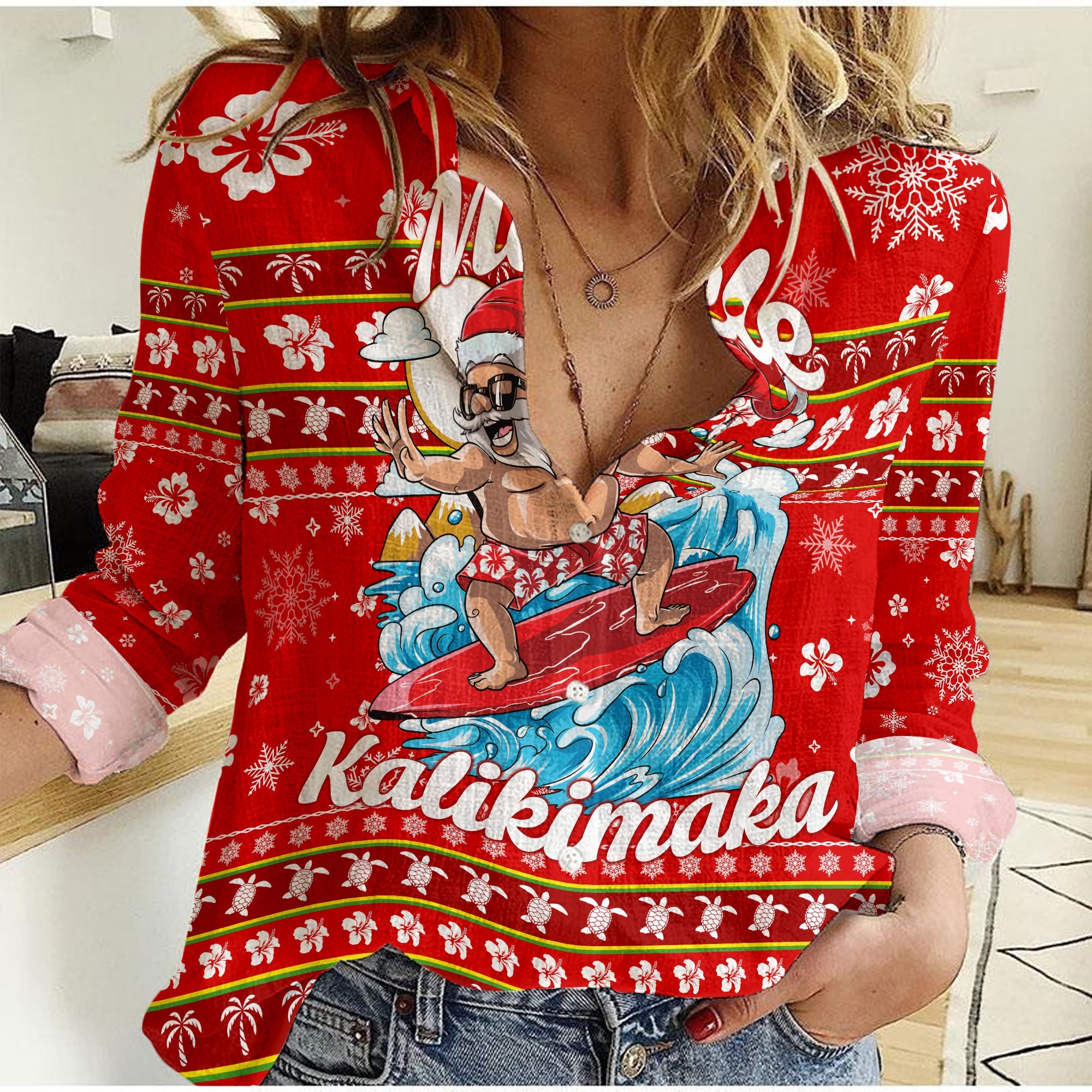 hawaii-christmas-santas-surf-mele-kalikimaka-women-casual-shirt