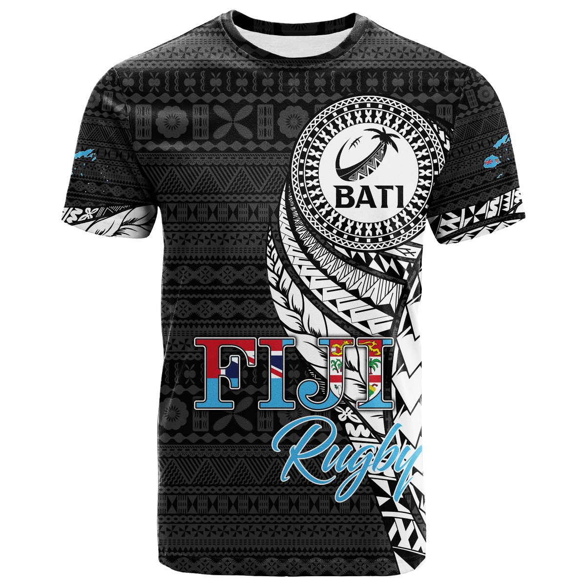 Black tapa-pattern rugby t-shirt with circular BATI emblem and Fiji Rugby text