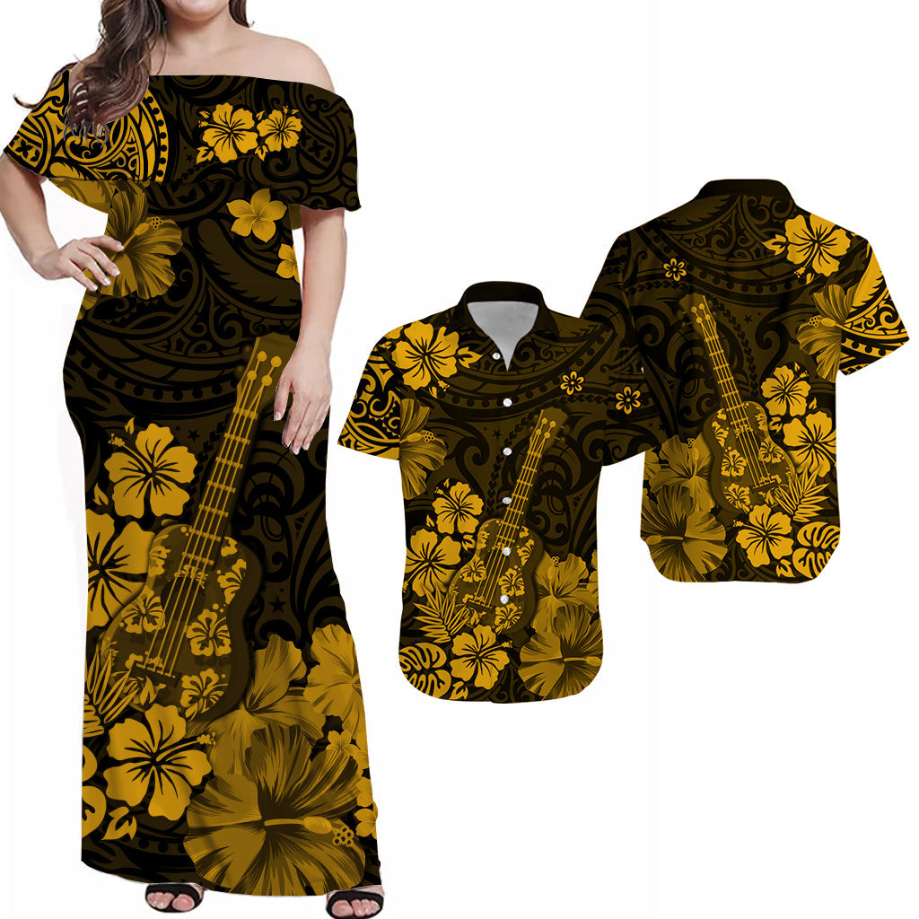 Hawaii Matching Hawaiian Shirt And Dress Polynesia Gold Ukulele Flowers LT13 - Wonder Print Shop