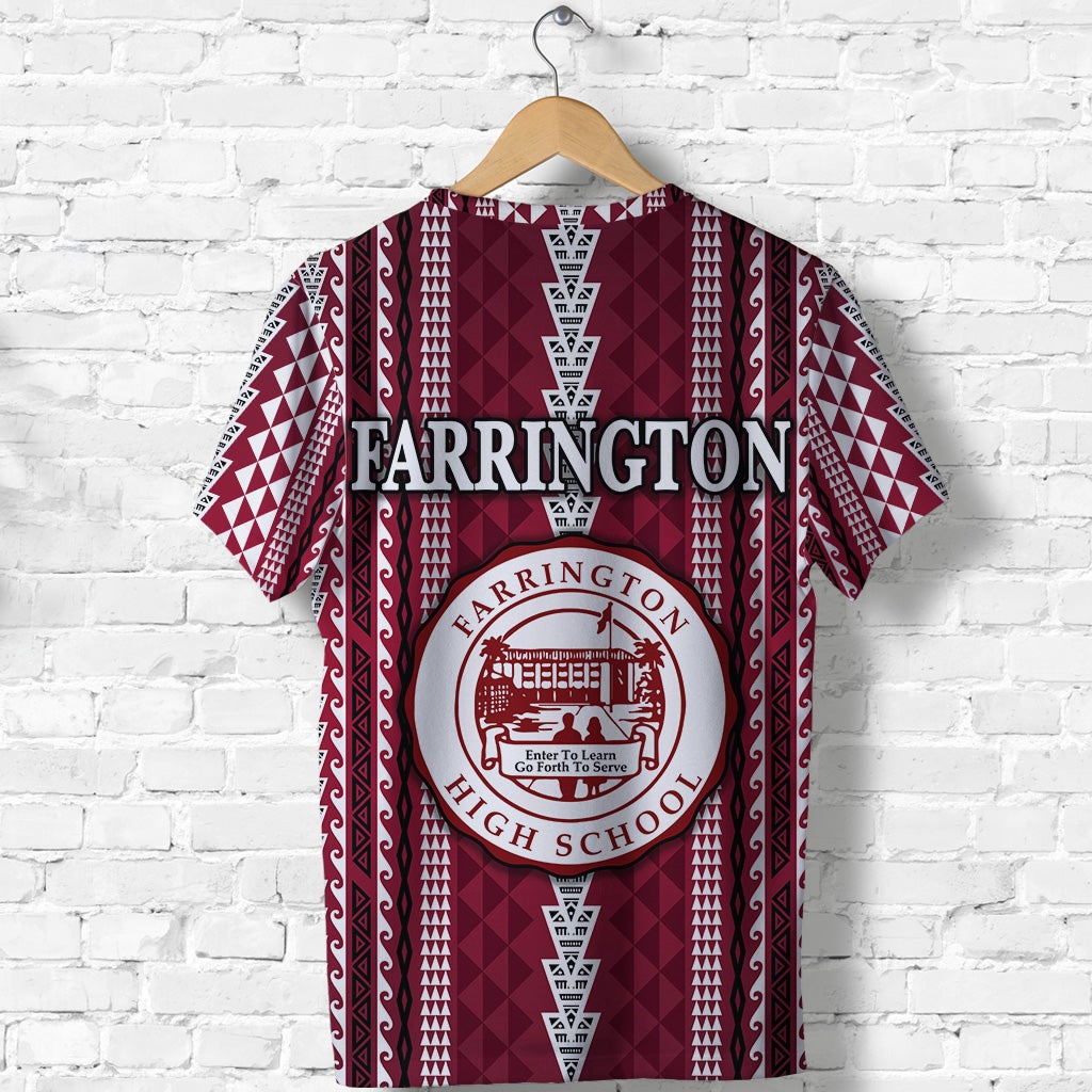 Maroon patterned T-shirt with Farrington High School circular logo and vertical crest