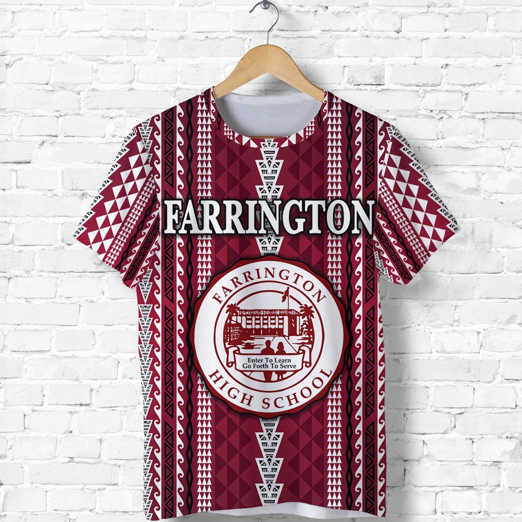 Maroon crewneck T-shirt, Farrington High School text and circular emblem on chest