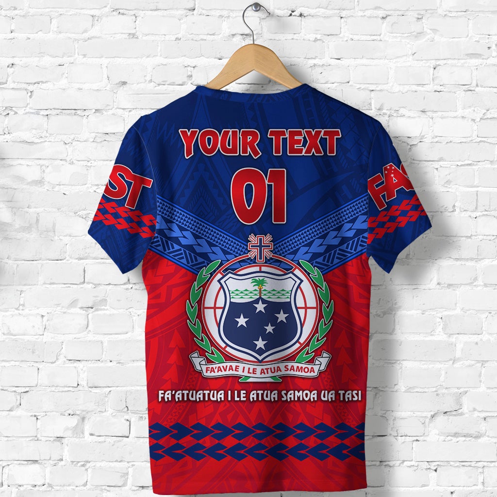 Blue and red T-shirt back with “YOUR TEXT”, “01”, and Samoa shield emblem