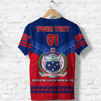 Blue and red T-shirt back with “YOUR TEXT”, “01”, and Samoa shield emblem