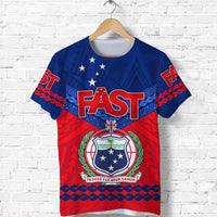 Blue and red FAST Samoa party T-shirt with shield emblem and star graphics