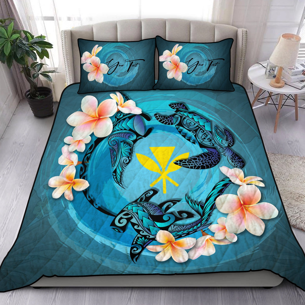(Custom) Hawaii Quilt Bed Set - Blue Plumeria Animal Tattoo Personal Signature - Wonder Print Shop