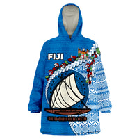 Fiji Fijian Drua Mix Tagimaucia Flower Blue Style Wearable Blanket Hoodie - Wonder Print Shop