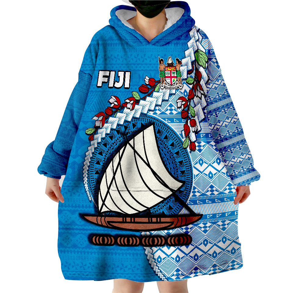 Fiji Fijian Drua Mix Tagimaucia Flower Blue Style Wearable Blanket Hoodie - Wonder Print Shop