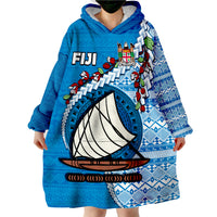 Fiji Fijian Drua Mix Tagimaucia Flower Blue Style Wearable Blanket Hoodie - Wonder Print Shop