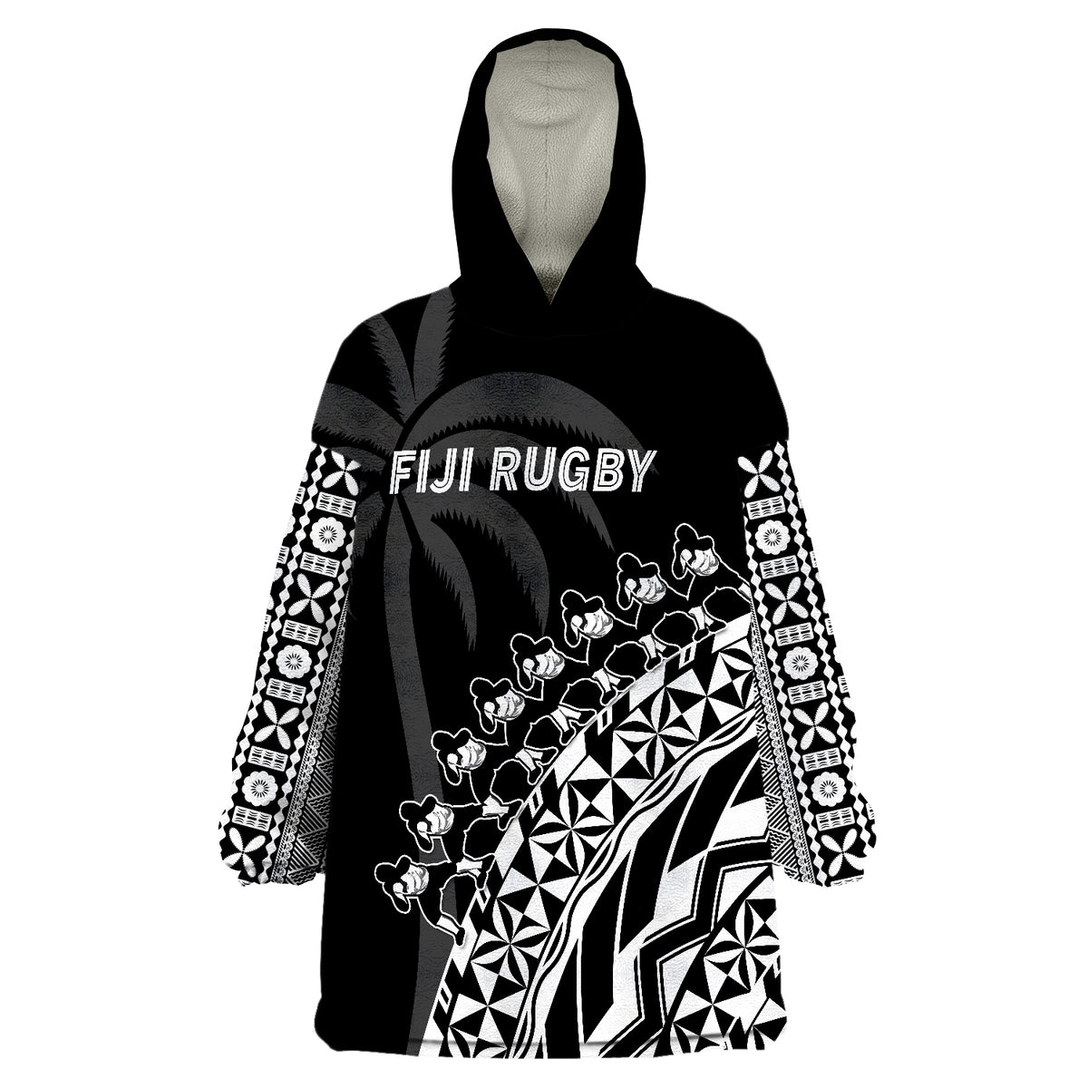 Fiji Rugby Fijian Cibi Dance Tapa Pattern Black Wearable Blanket Hoodie - Wonder Print Shop