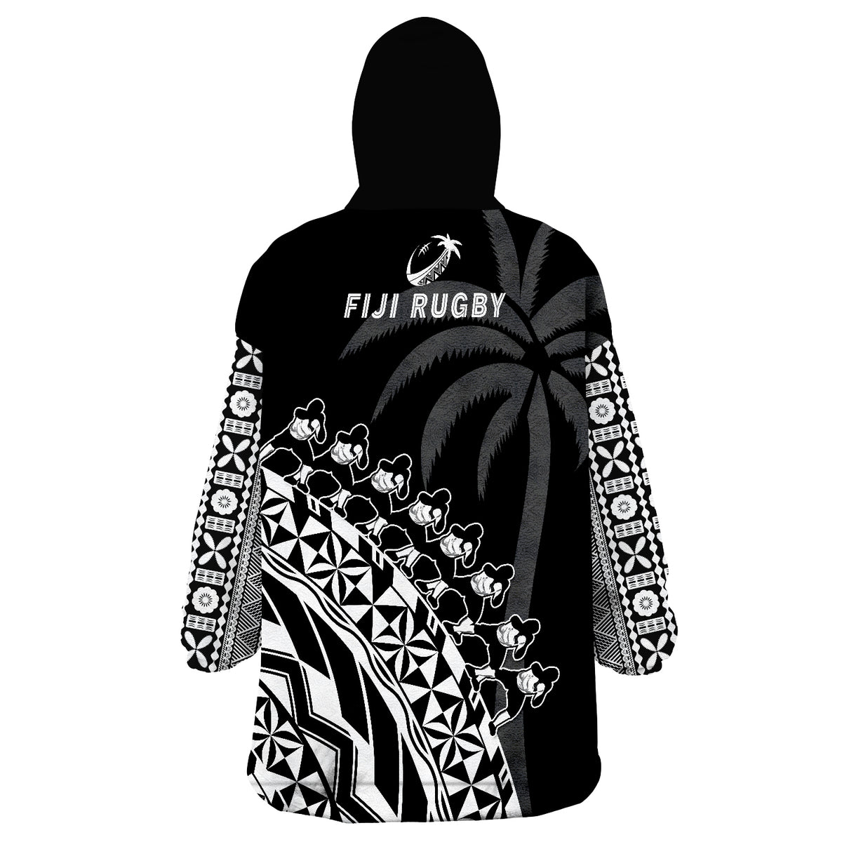 Fiji Rugby Fijian Cibi Dance Tapa Pattern Black Wearable Blanket Hoodie - Wonder Print Shop