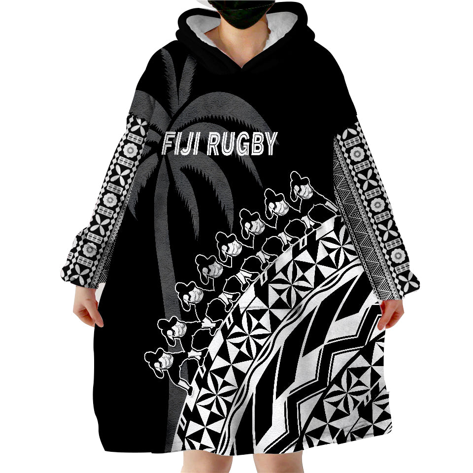 Fiji Rugby Fijian Cibi Dance Tapa Pattern Black Wearable Blanket Hoodie - Wonder Print Shop