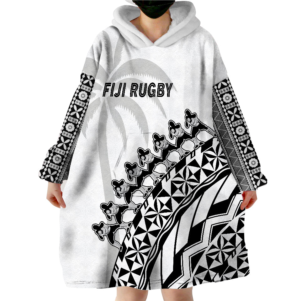 Fiji Rugby Fijian Cibi Dance Tapa Pattern White Wearable Blanket Hoodie - Wonder Print Shop