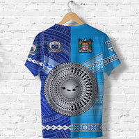 Blue Fiji and Samoa T-shirt back design with round tribal emblem