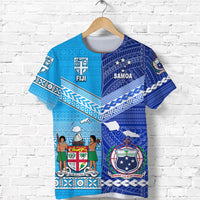 Blue Fiji and Samoa graphic T-shirt, front view with crew neck
