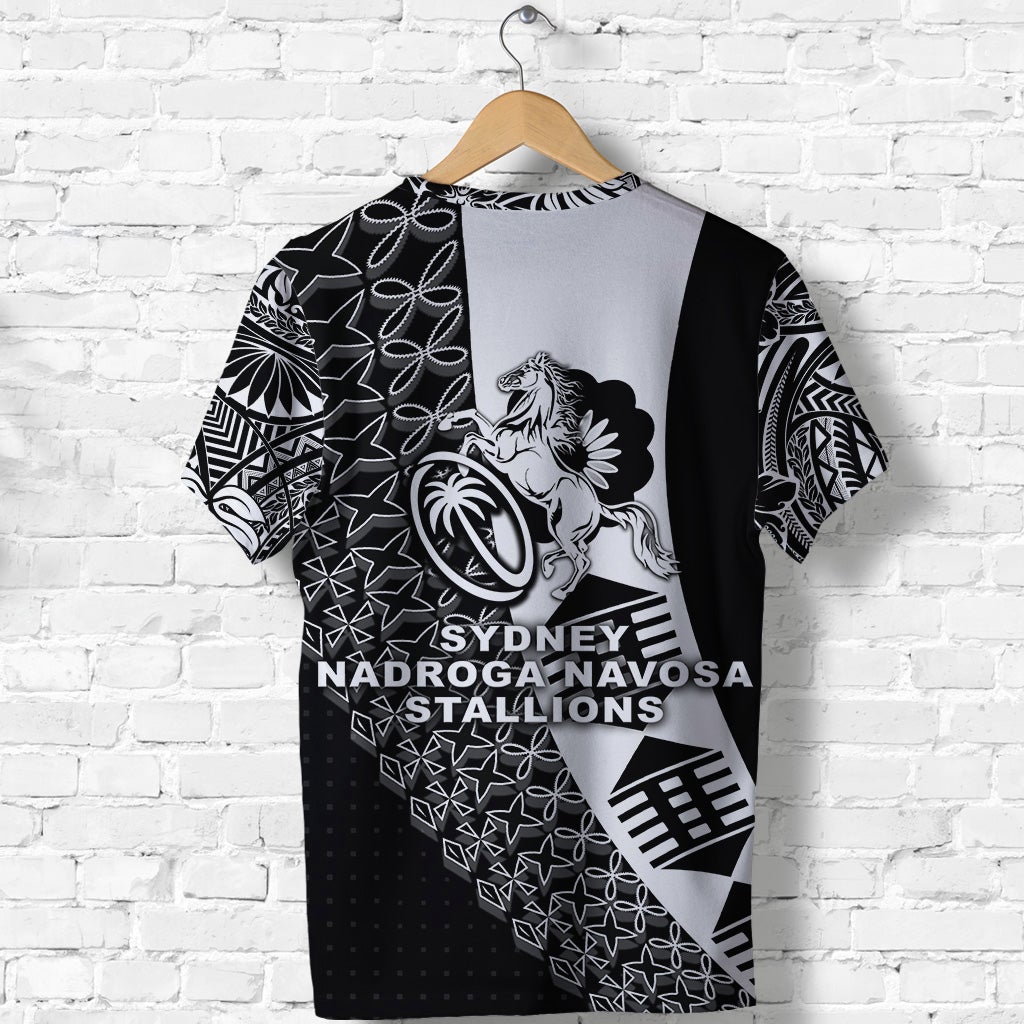 Black rugby T-shirt back, large horse crest and 'SYDNEY NADROGA NAVOSA STALLIONS'