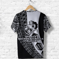 Black rugby T-shirt back, large horse crest and 'SYDNEY NADROGA NAVOSA STALLIONS'