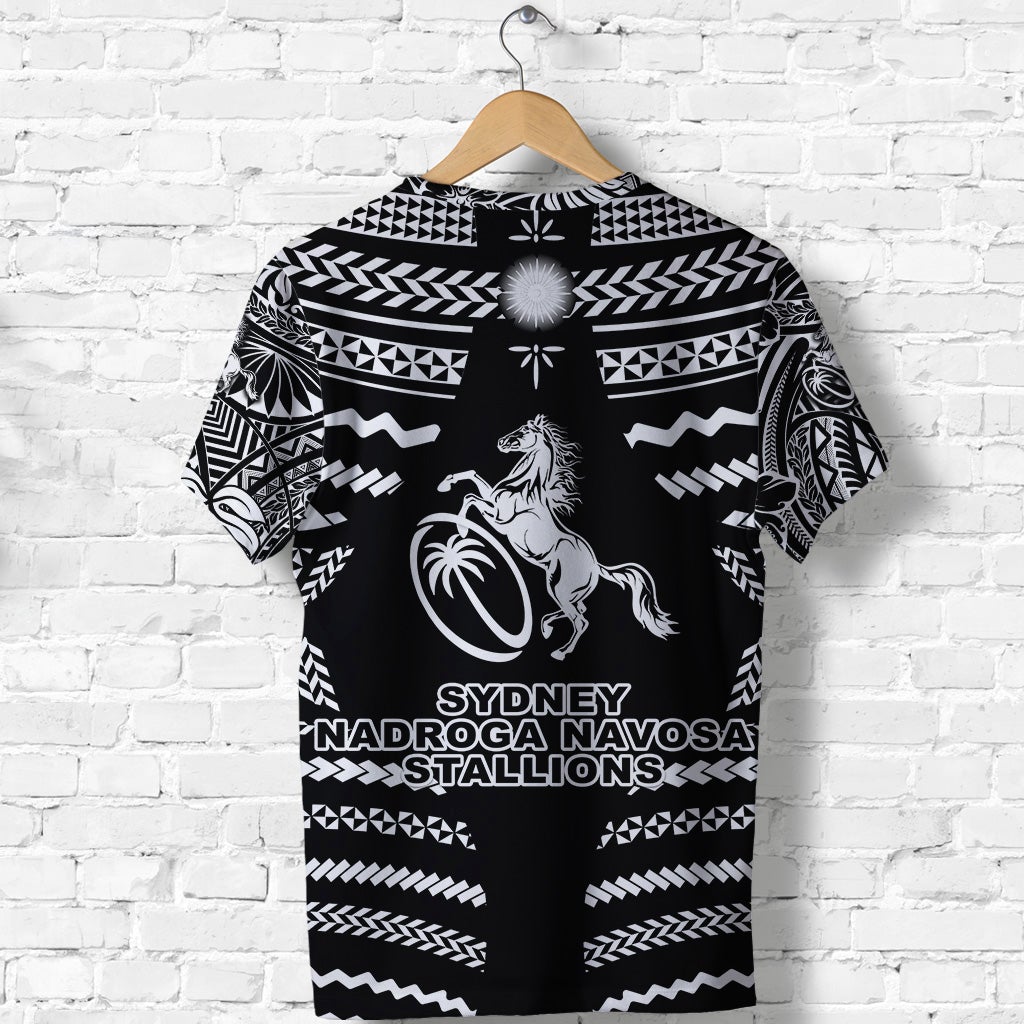 Black rugby T-shirt back view with circular dot accents, horse emblem, and team lettering