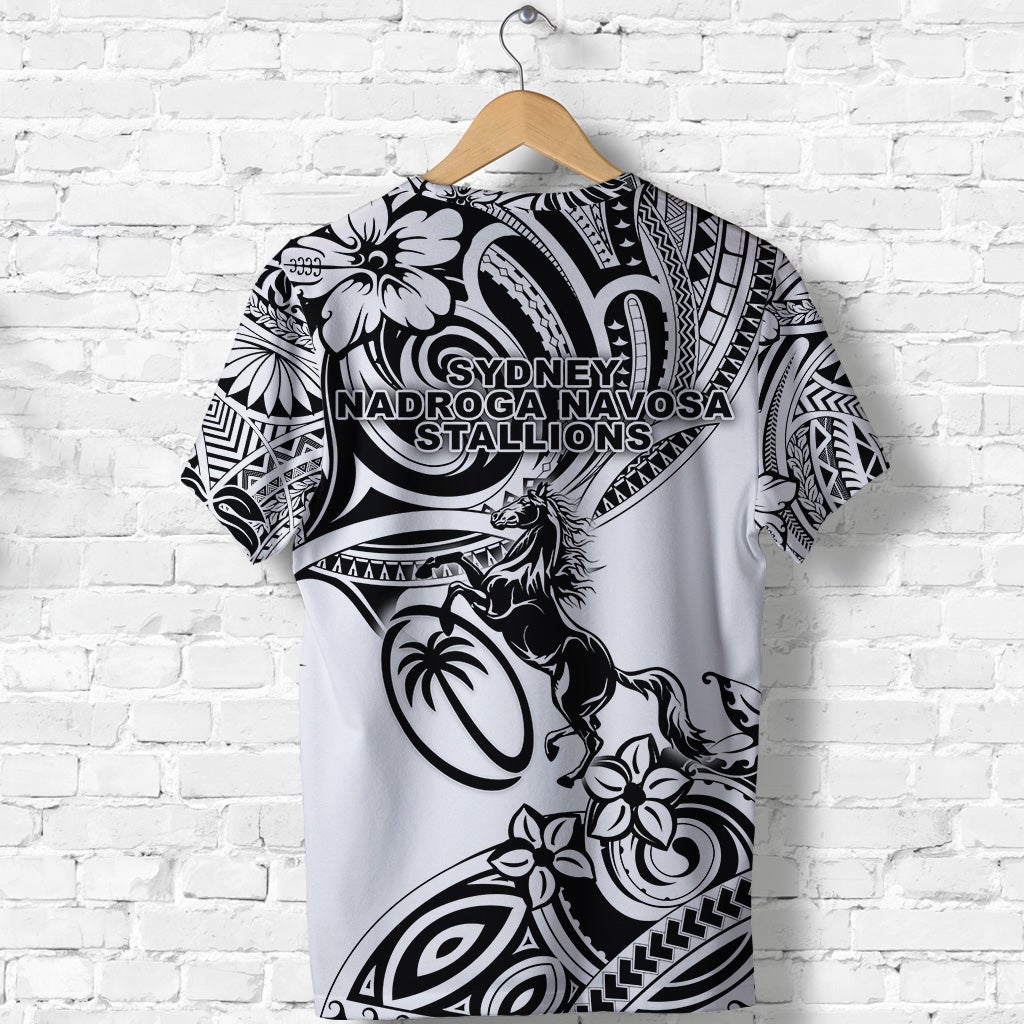 White Fiji rugby T-shirt back with Sydney Nadroga Navosa Stallions crest and horse print