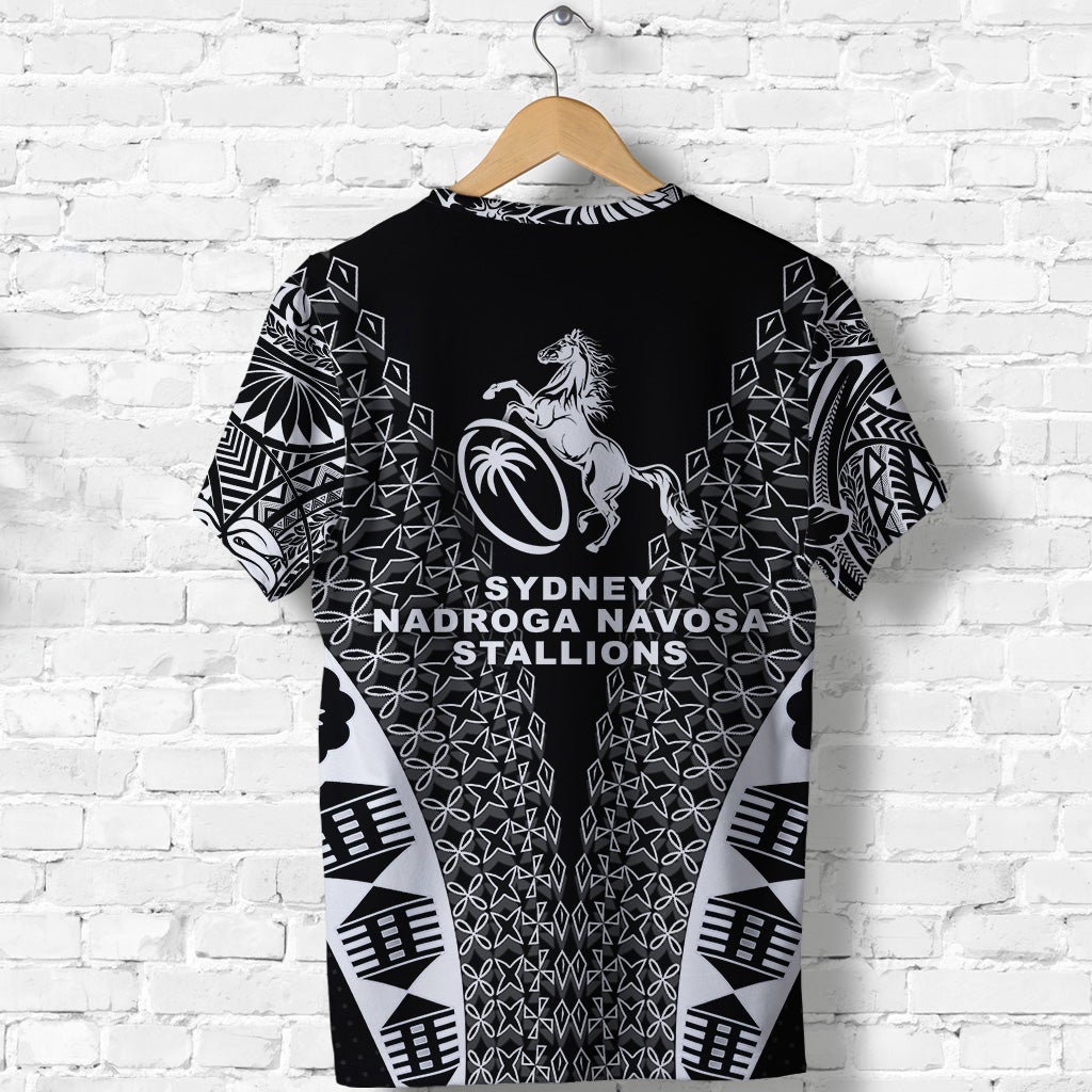 Black rugby T-shirt back view with large horse logo and SYDNEY NADROGA NAVOSA STALLIONS text