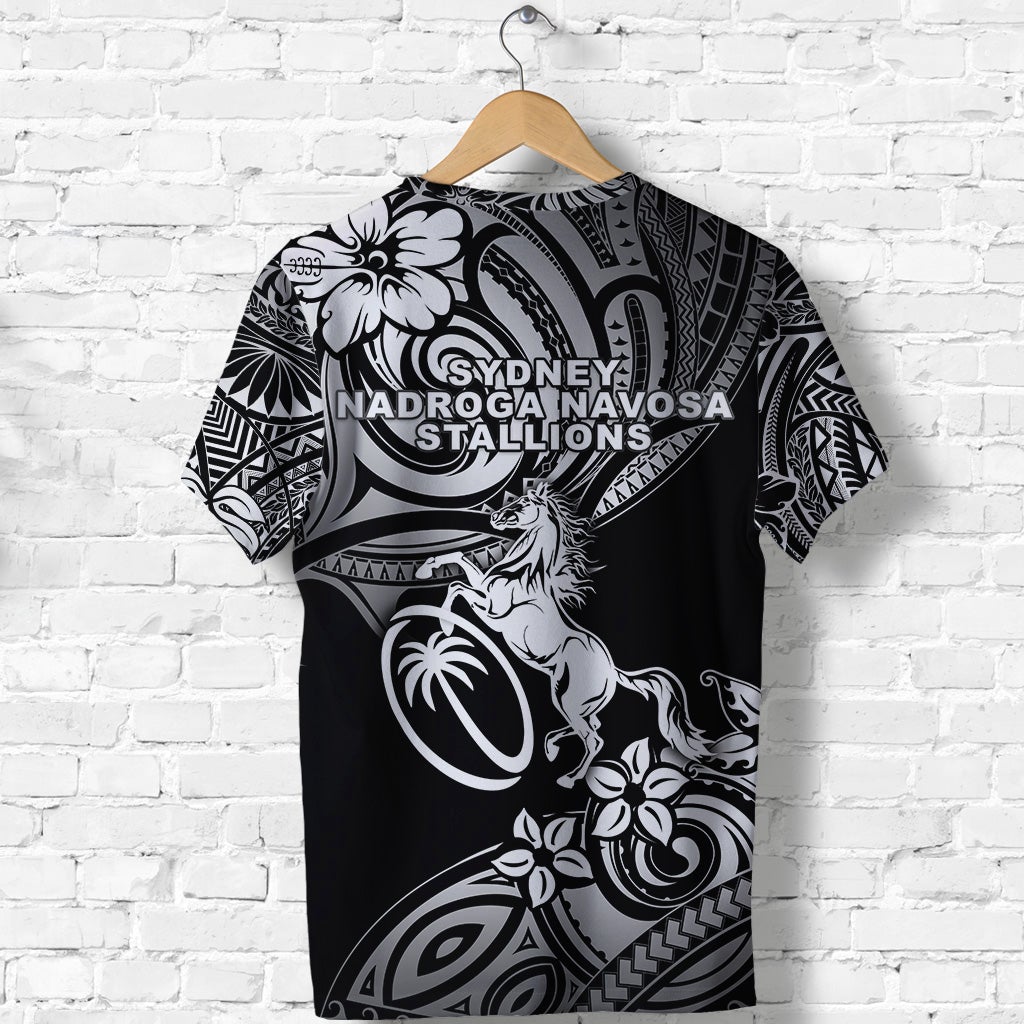 Black rugby T-shirt back with crest emblem, tribal patterns, and Sydney Nadroga Stallions text
