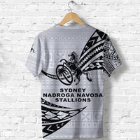 White rugby tee with black horse emblem and 'SYDNEY NADROGA NAVOSA STALLIONS' center graphic